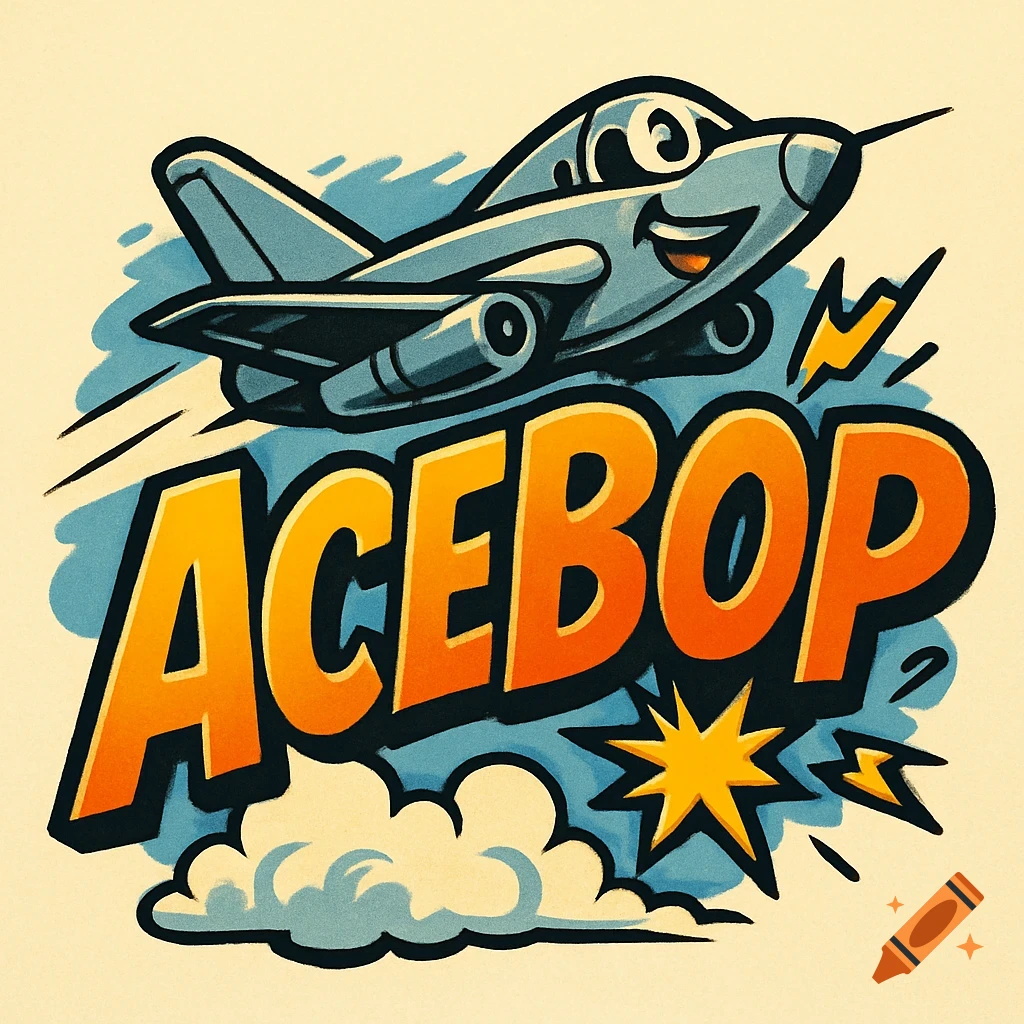 1930s cartoon style logo for "ACEBOP" featuring bold yellow-orange text and a blue flying jet plane with sparks and clouds.