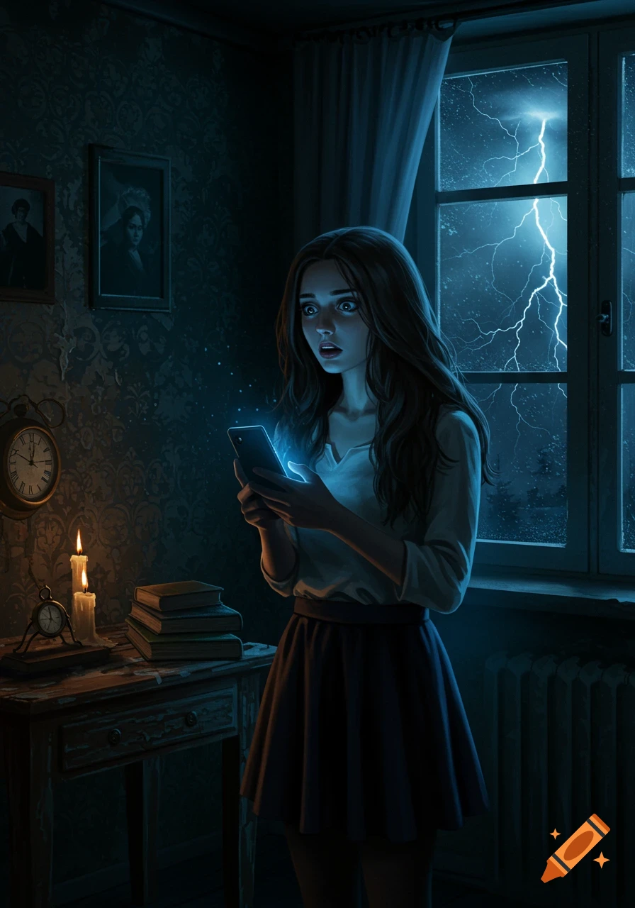 A surprised girl in a dark room holds a glowing phone as lightning flashes outside a window, digital art.