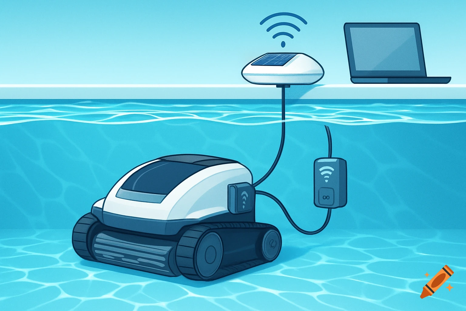 Illustration of a pool robot connected to a floating solar Wi-Fi buoy and a laptop.