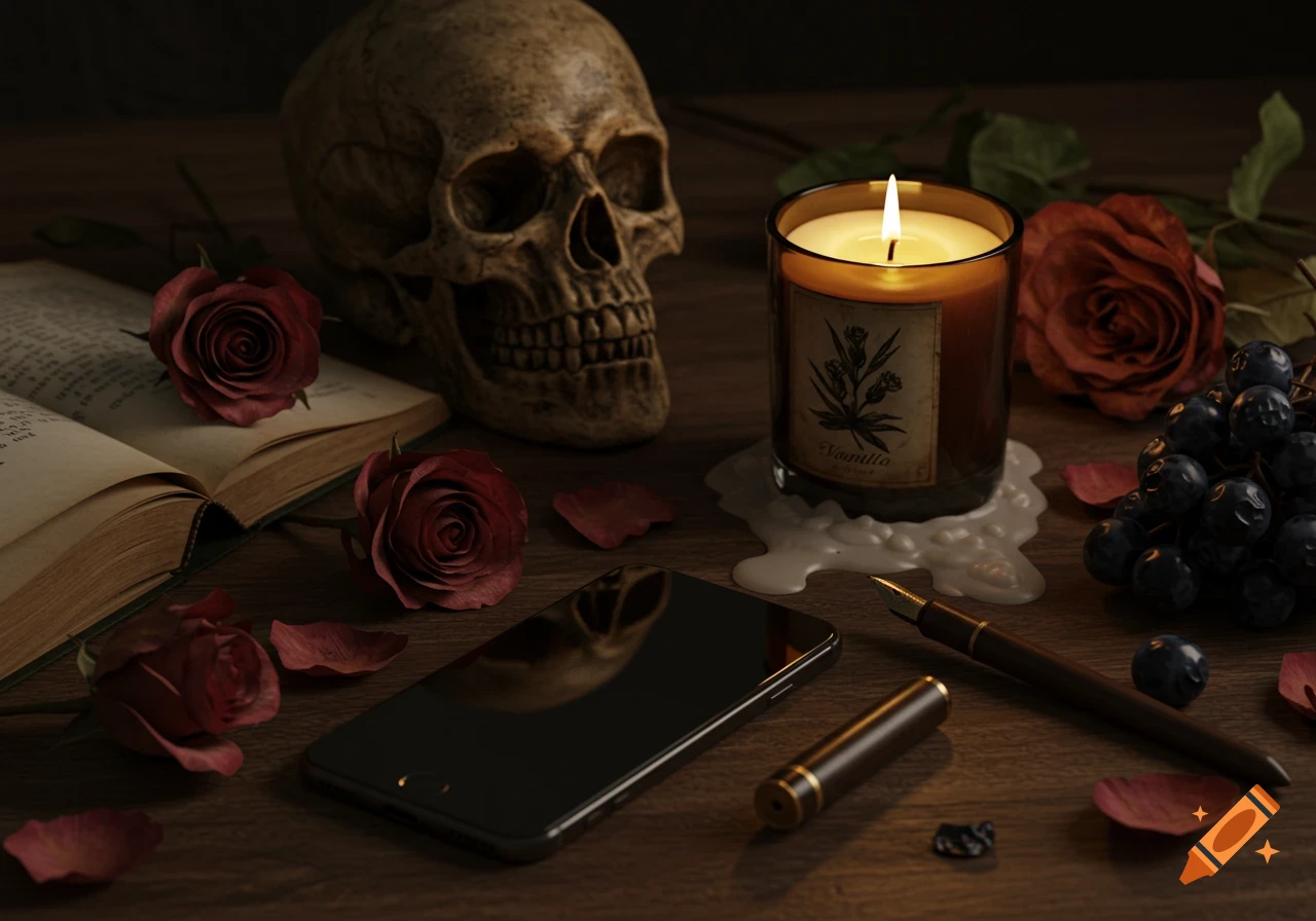 A dark still life with a human skull, wilted red roses, an open book, a burning vanilla candle, a smartphone, a pen, and rotten grapes on a wooden table.