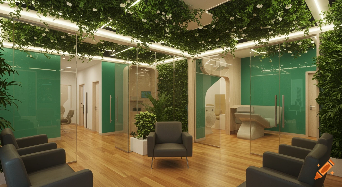Futuristic waiting room with emerald green walls, hanging plants from the ceiling, wooden floor, dark grey armchairs, and glass partitions.