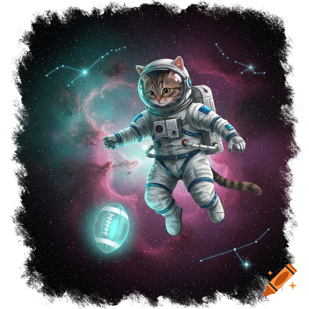 A cute cat astronaut floats in outer space, playing with a glowing football amidst colorful nebulae and constellations, cartoon illustration.