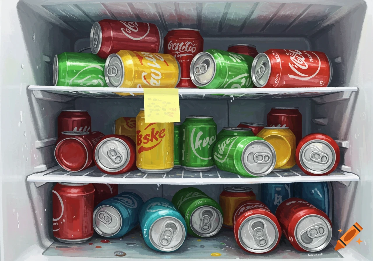 A messy refrigerator shelf filled with red, green, yellow, and blue soda cans in a painted style.