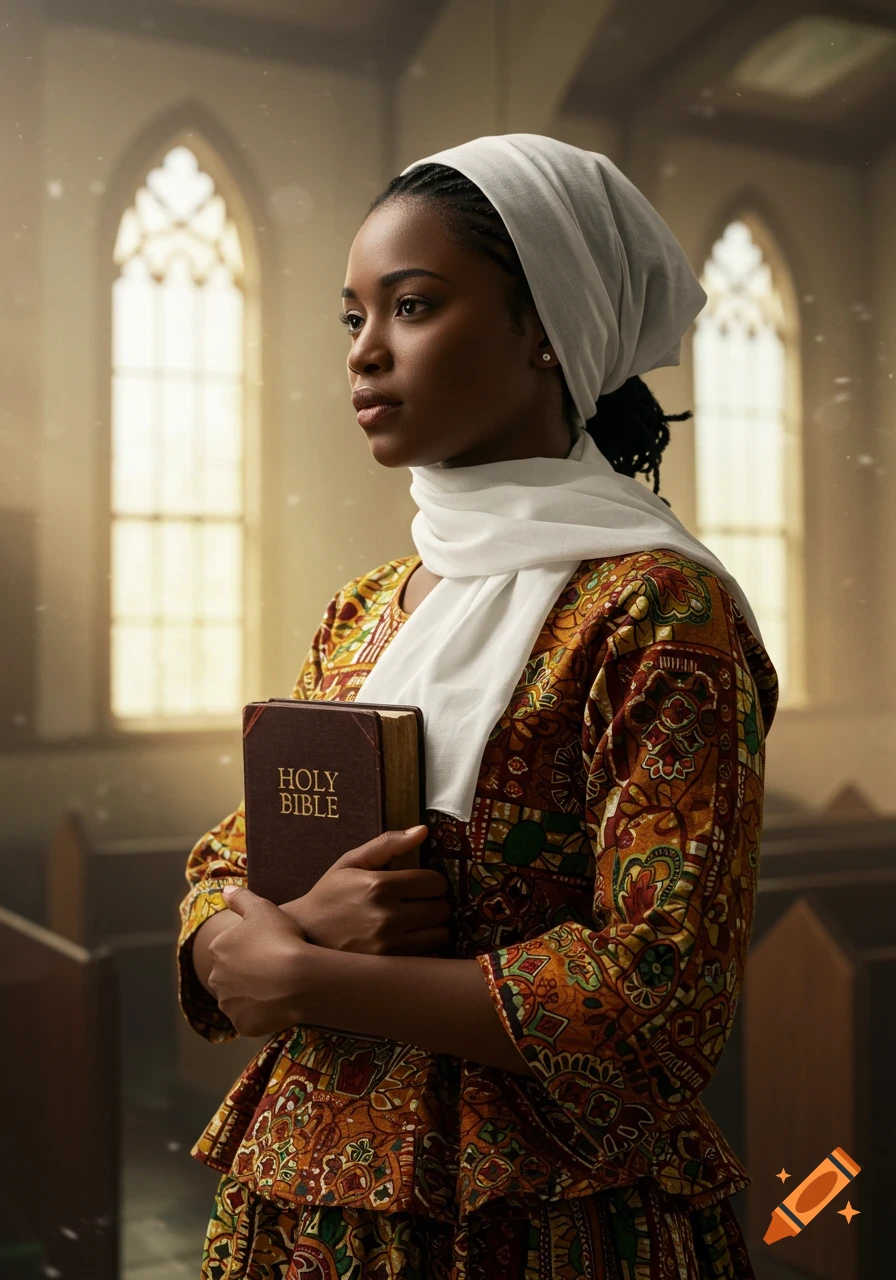 A dark-skinned Christian woman in a patterned dress and white scarf holds a Bible in a church.