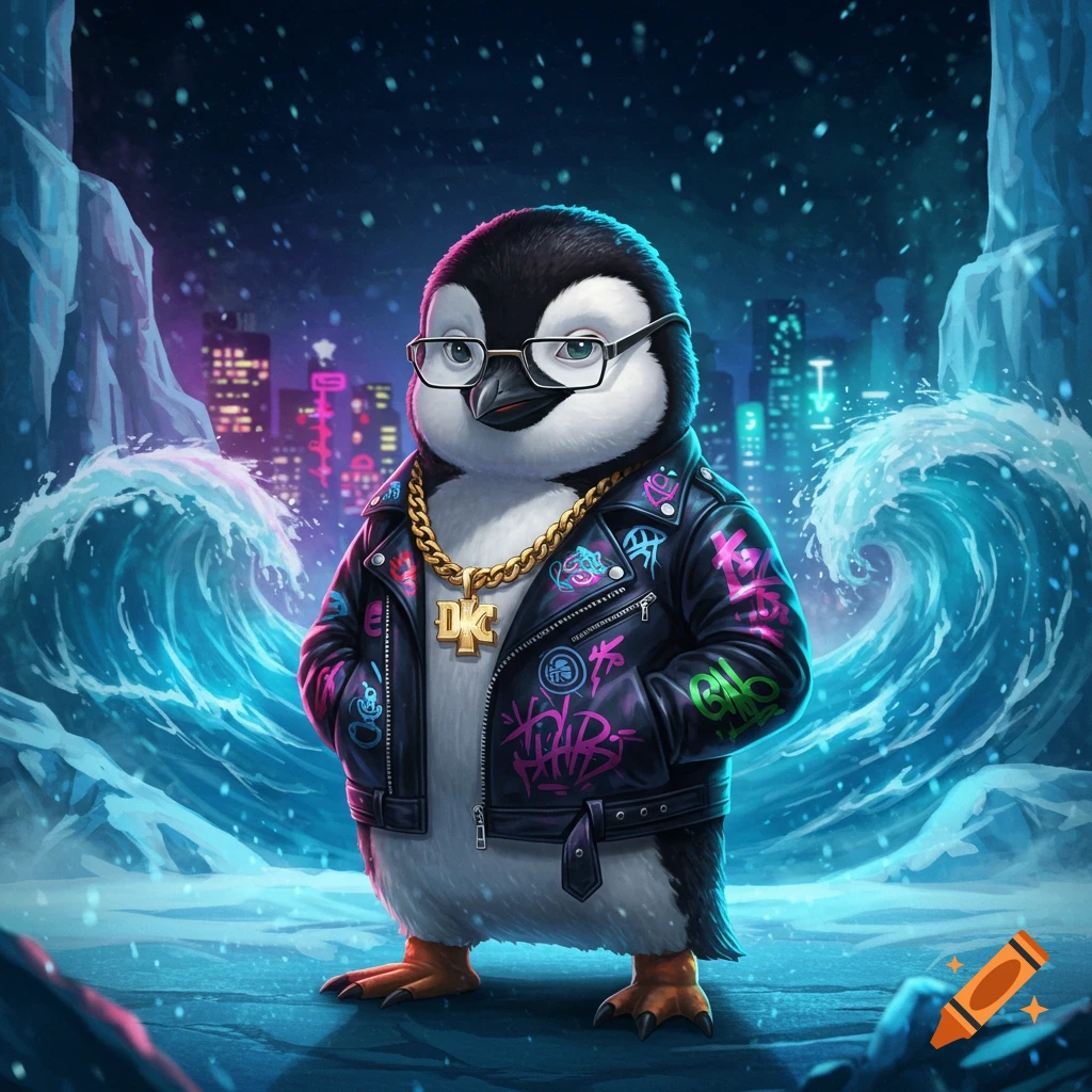 A cool penguin wearing eyeglasses, a gold chain with a "DK" pendant, and a black leather jacket with colorful graffiti, standing in an icy landscape with glowing city lights and waves in the background at night.