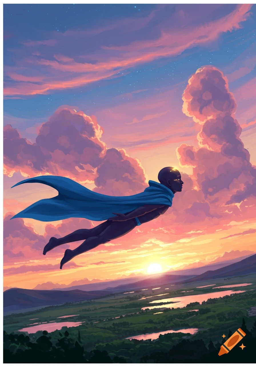 A person in a blue cape flies silhouetted against a vibrant sunset sky over a green, watery landscape in an illustrative style.