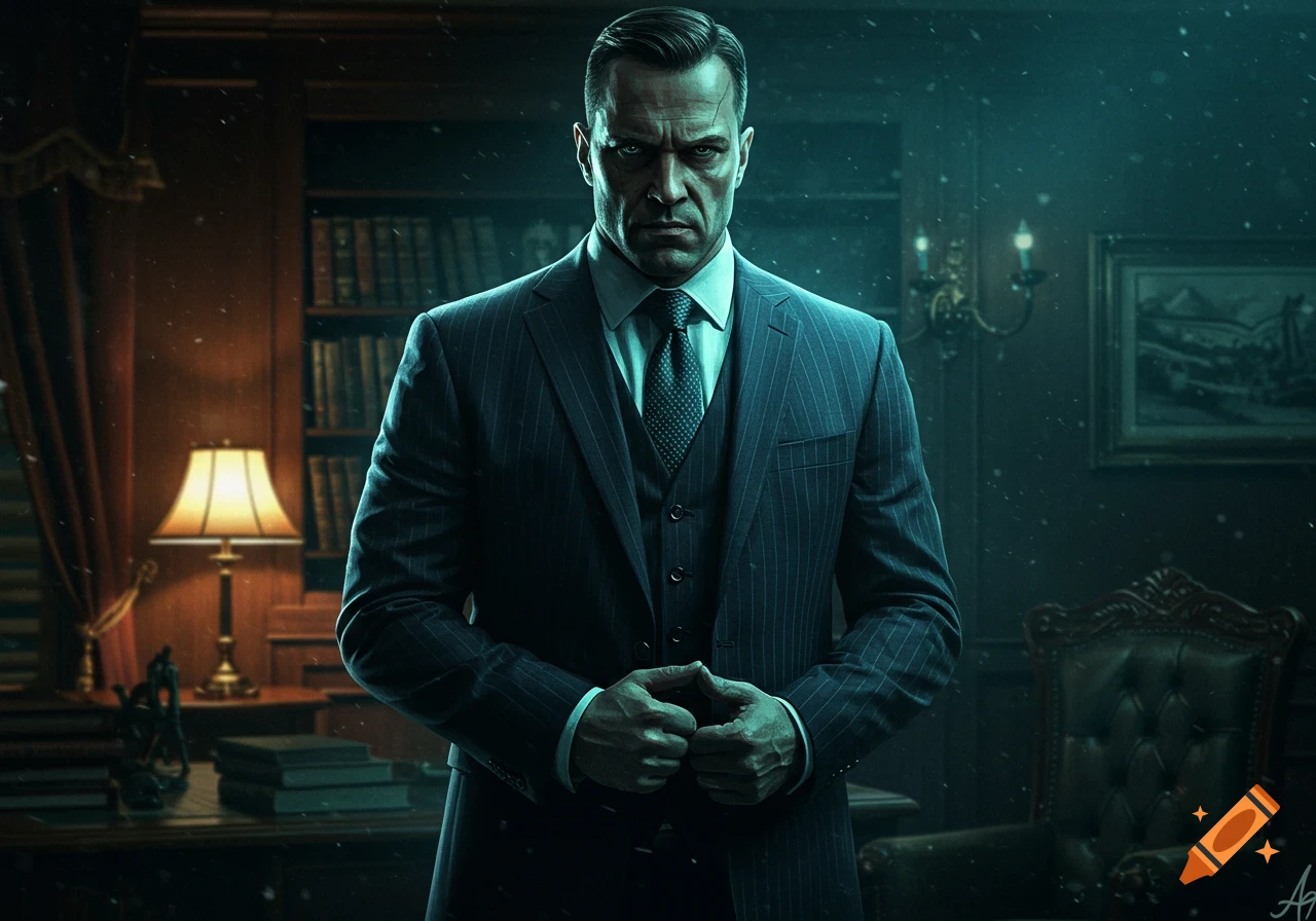 Photorealistic portrait of a stern man in a pinstripe suit, hands clasped, standing in a dark, moody library.