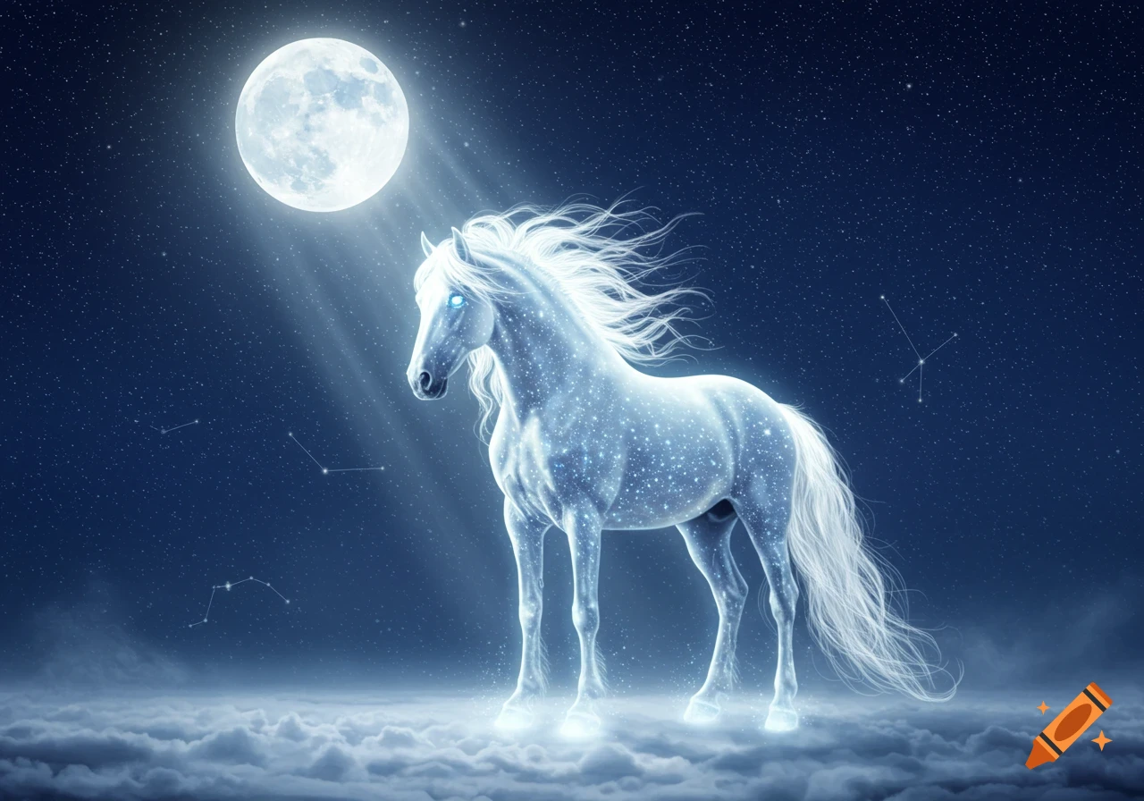 An ethereal, glowing white horse with blue eyes stands on clouds under a large full moon in a starry night sky, light rays beaming down.