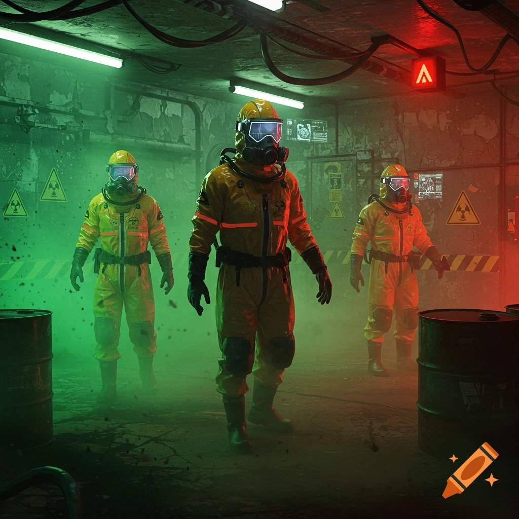Three figures in yellow biohazard suits and gas masks stand in a dimly lit, rundown industrial room with green and red lighting and hazard symbols.