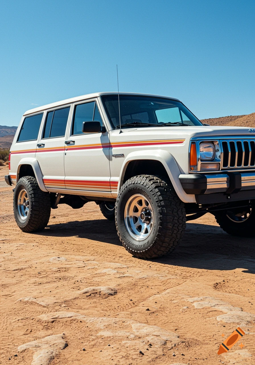 A white Jeep Cherokee with retro orange and red stripes, parked on a dirt road in a sunny desert landscape under a clear blue sky.
