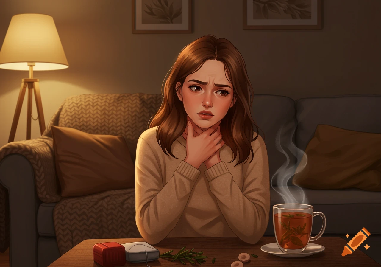Illustrated young woman holding her sore throat in a dimly lit room, with a steaming cup of tea and medicine on a table.