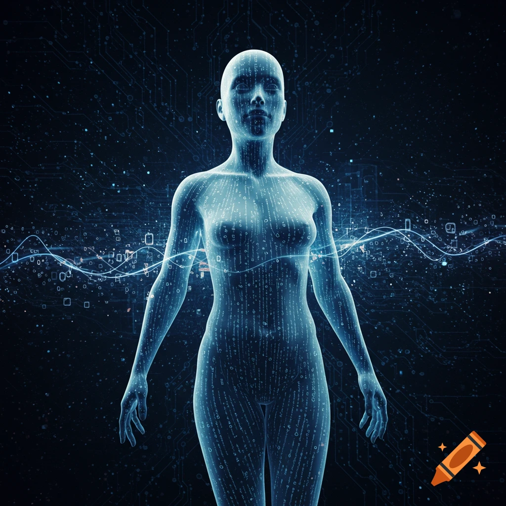 Translucent blue digital human figure composed of data and code against a dark background with circuitry patterns and light trails.