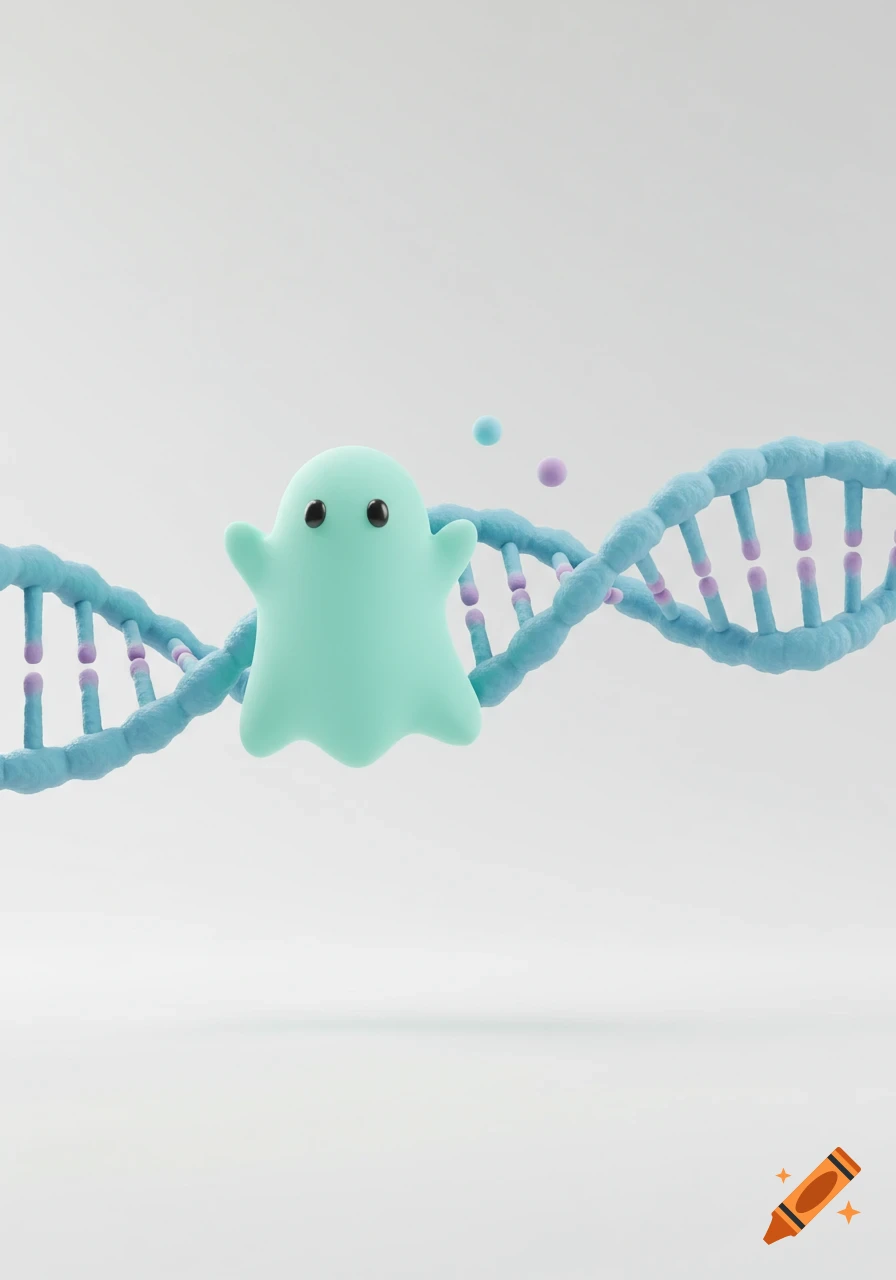 A cute mint green cartoon ghost floats in front of a blue and purple DNA strand on a white background, 3D render.