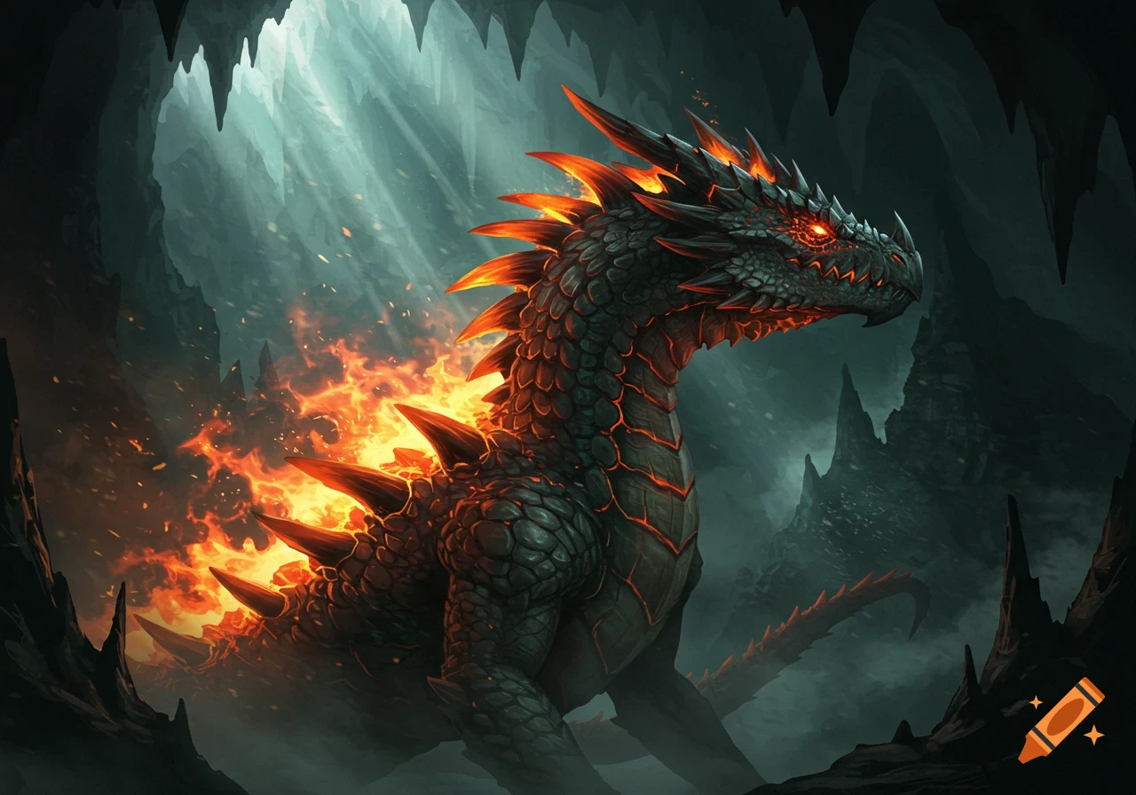 A majestic, dark scaly dragon with glowing fiery spikes stands in a dimly lit cave with light beams.