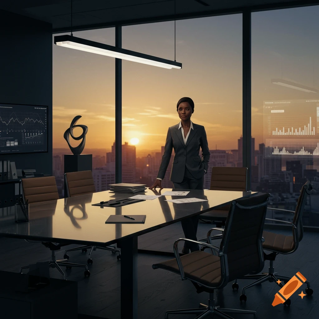 A confident Black businesswoman stands in a modern high-rise meeting room with a city sunset view.