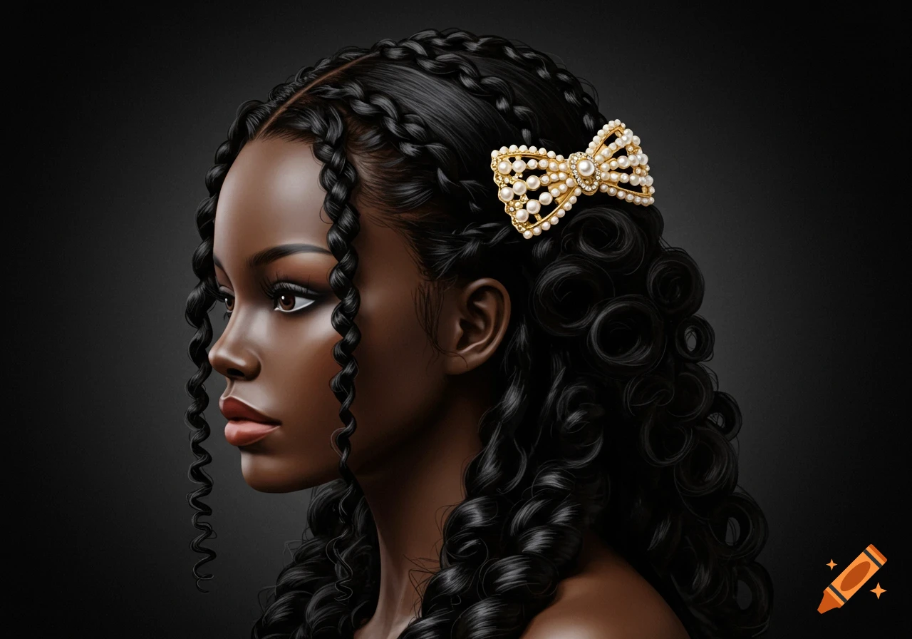 Profile view of a woman with dark skin, intricate black braids and curls, adorned with an elegant pearl and gold bow in her hair.