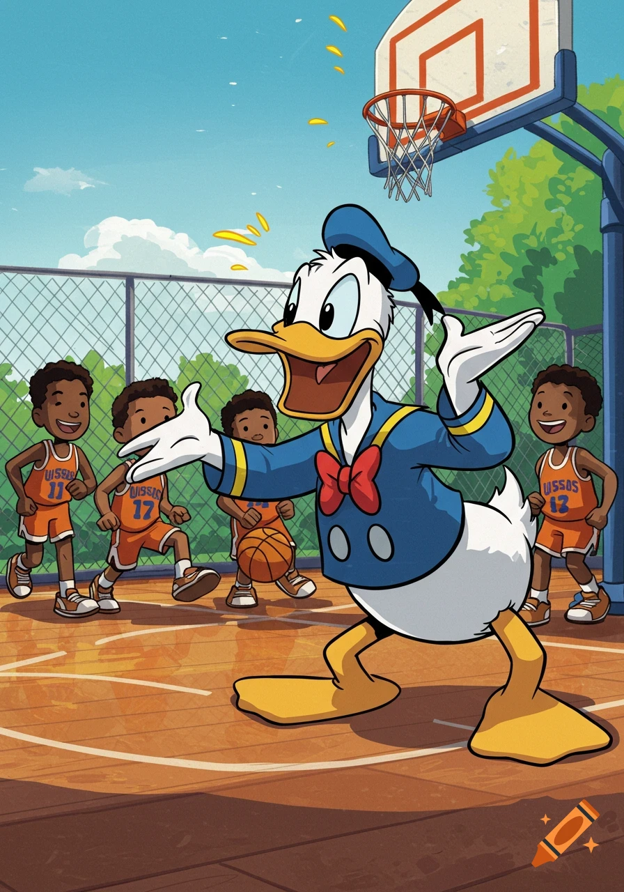 Donald Duck coaches young boys playing basketball on an outdoor court, in a vibrant cartoon style.