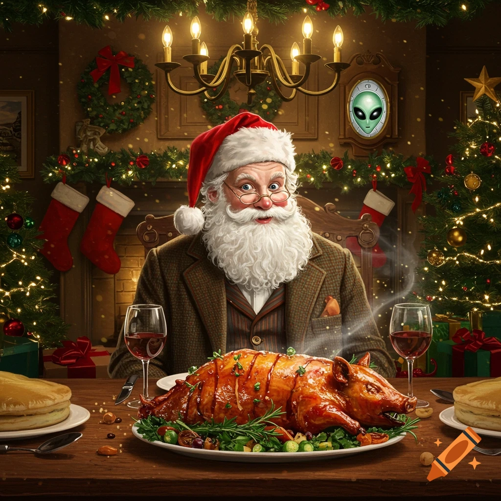 Santa Claus dines at a festive Christmas table with a roasted pig, pies, and wine, surrounded by holiday decorations, photorealistic.