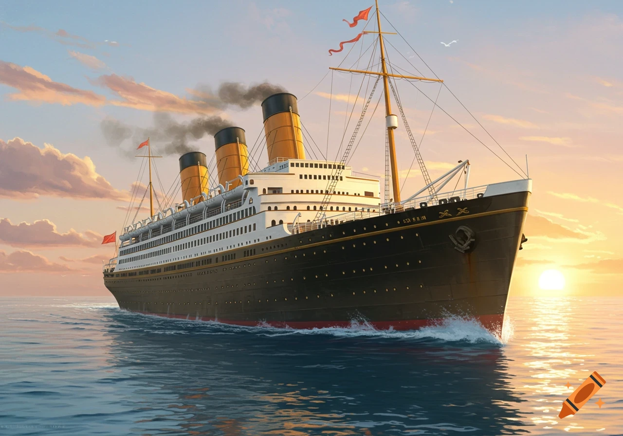 An elegant ocean liner with golden funnels sails on calm waters under a colorful sunset sky.