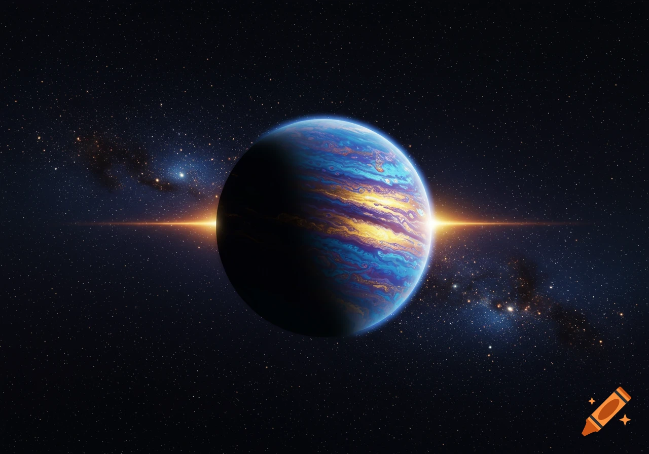 A vibrant, colorful planet with swirling blue, gold, and purple clouds, illuminated by a bright light in a star-filled galaxy.