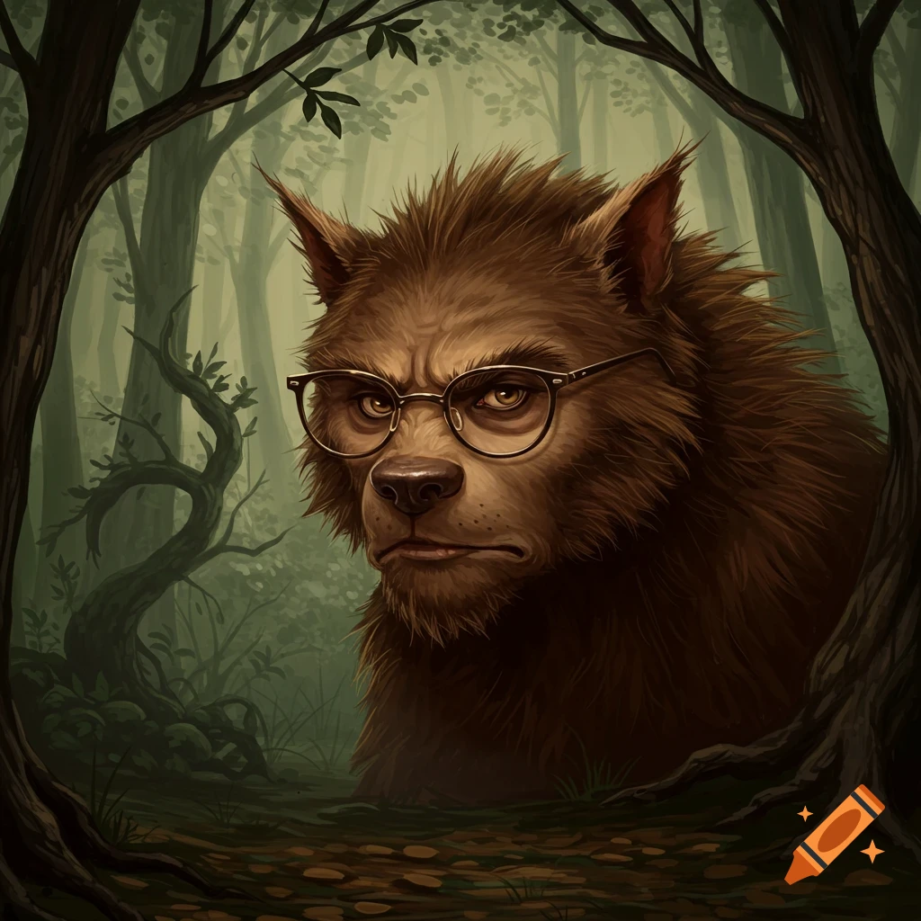 A grumpy brown werewolf with round glasses peeks through trees in a dark forest, digital painting.