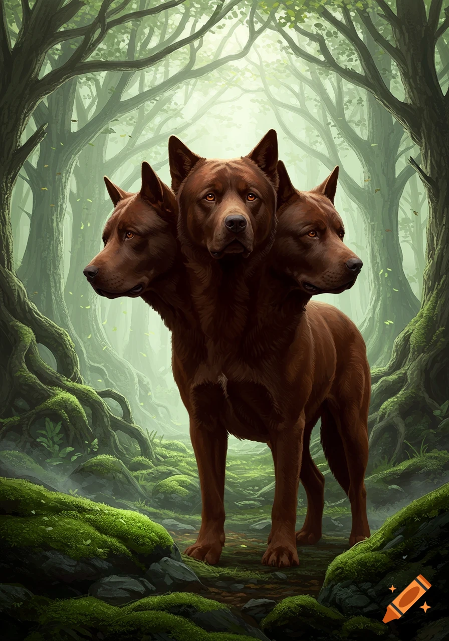 A mythical three-headed brown dog stands majestically in a magical, misty green forest, illuminated by soft light.