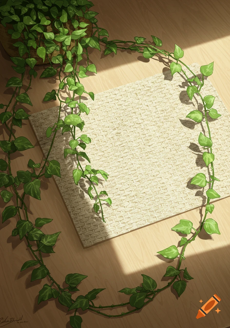 Top-down illustration of green vines and leaves draped around a light woven placemat on a wooden table, bathed in sunlight.