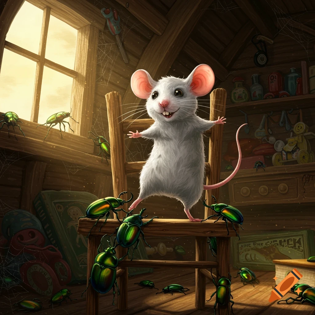 A cute white mouse stands on a wooden chair, surrounded by shiny green beetles in a dusty attic. Illustration.