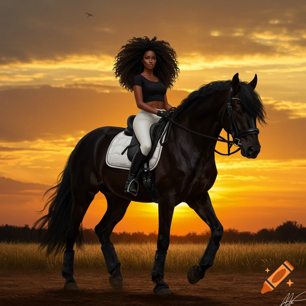 A woman with voluminous dark curly hair rides a majestic black stallion at sunset, with a golden-orange sky.