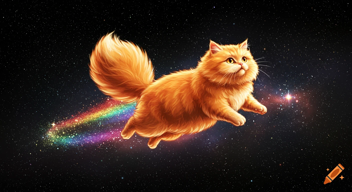 A fluffy orange cat with a long tail flies through space, leaving a glittering rainbow trail behind it.