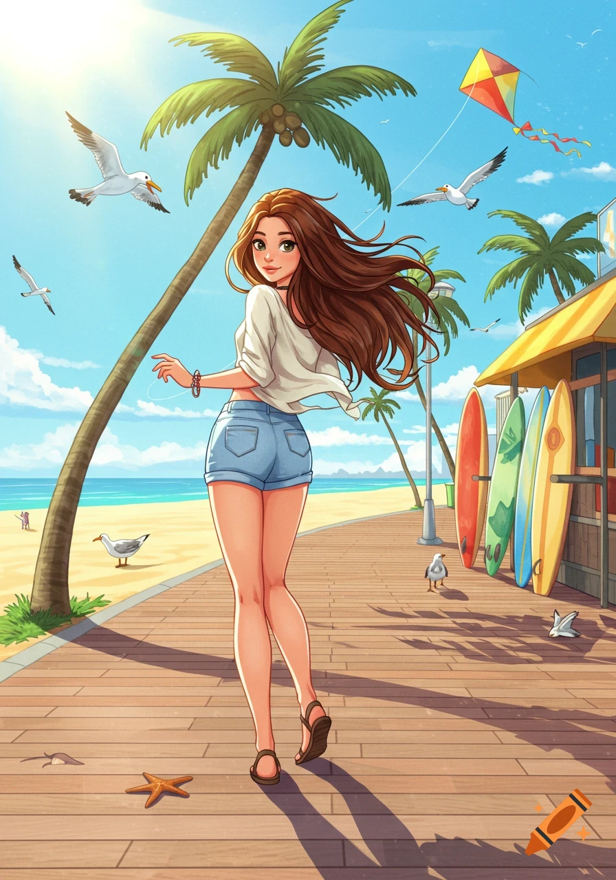 A cartoon girl with long brown hair, wearing a white shirt and denim shorts, walks along a wooden boardwalk at a sunny beach with palm trees and surfboards.