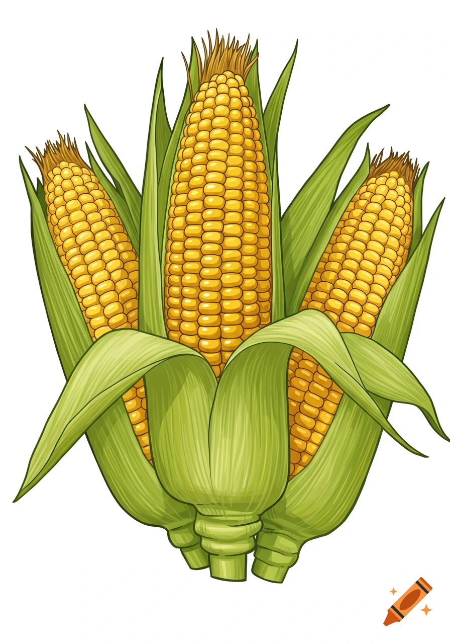 Illustration of three ears of corn with green husks peeled back, showing yellow kernels and corn silk.
