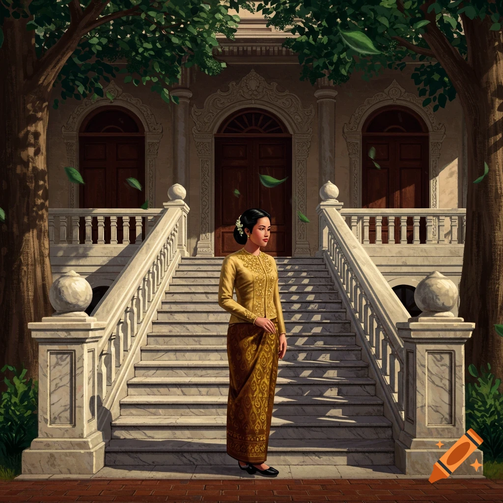 An illustration of a woman in golden traditional Burmese attire standing on a marble staircase in front of an ornate building with trees.