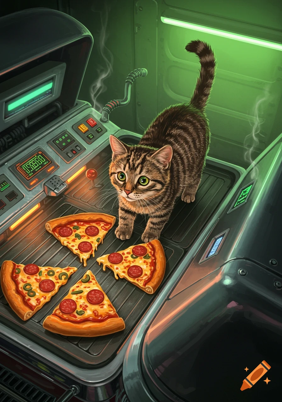 A cute tabby cat looks at four slices of pepperoni and olive pizza on a futuristic grill with green neon lights and controls.