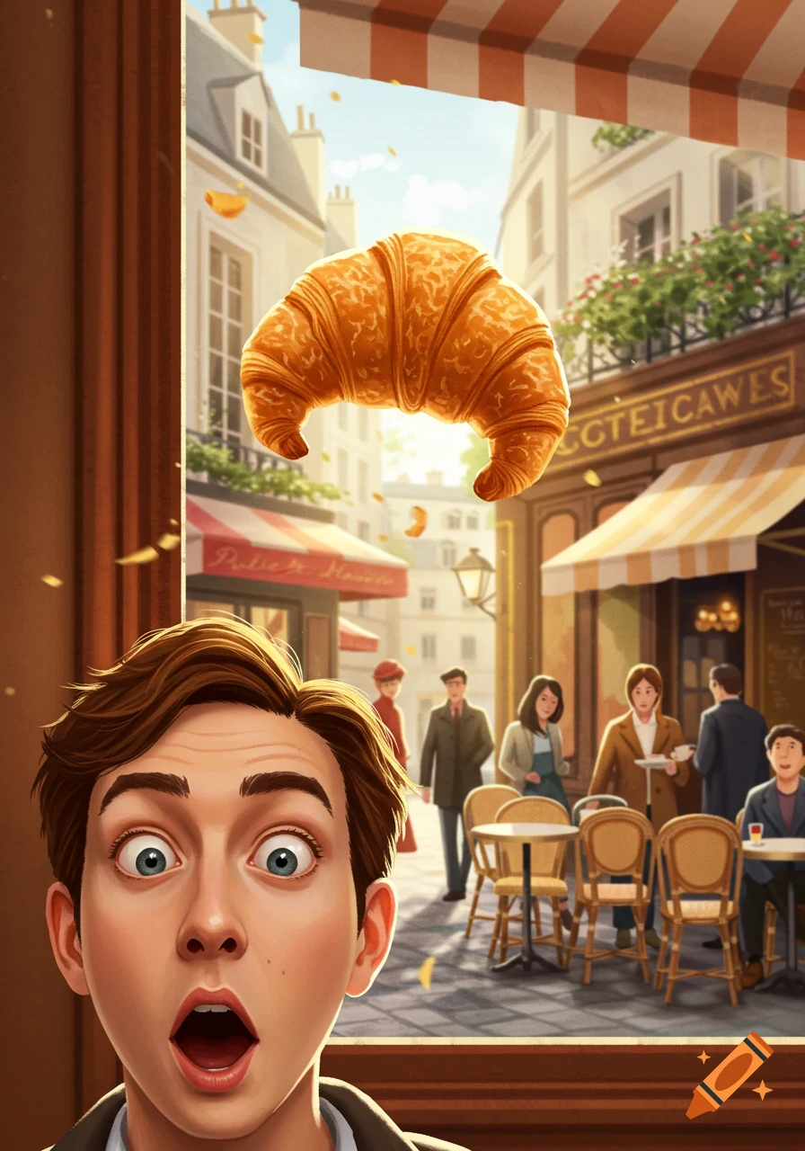 Cartoon man with wide eyes looks up as a croissant flies towards his face on a bustling Parisian street.