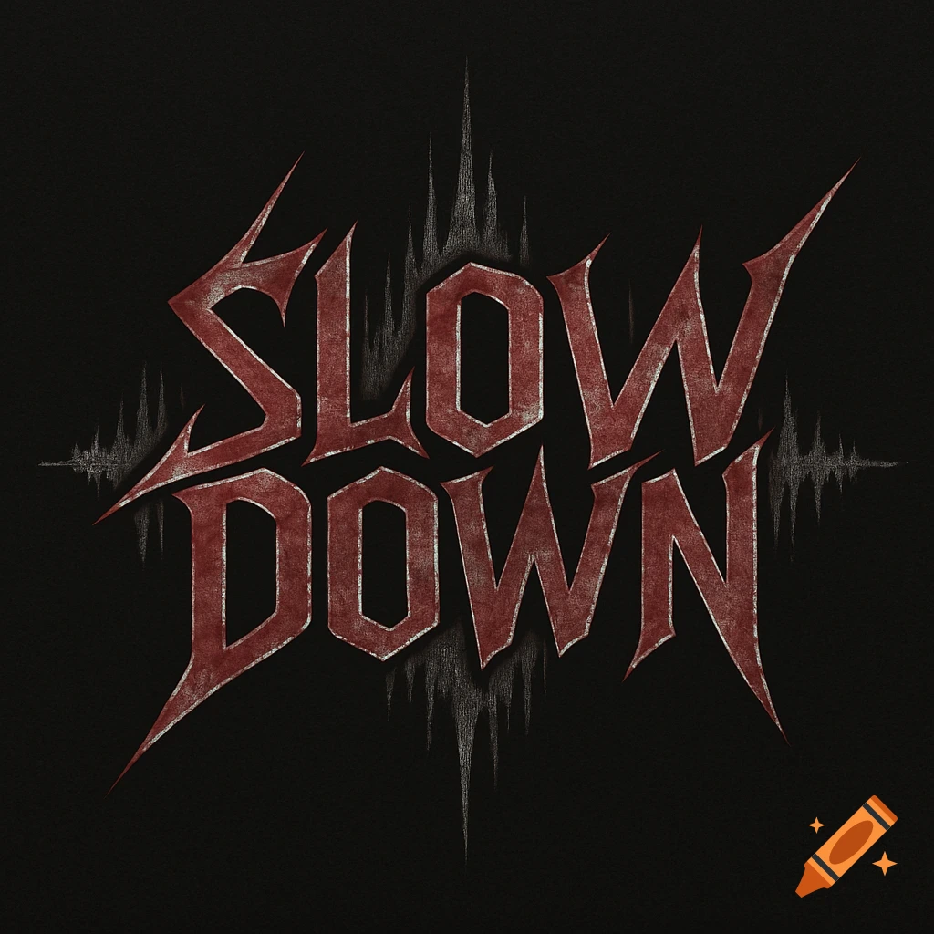 A distressed red 'SLOW DOWN' band logo with jagged edges on a black background, featuring spiky white graphic elements.