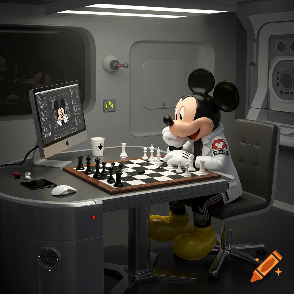 Mickey Mouse in a lab coat plays chess on a sleek desk with a computer displaying a character design in a futuristic room.
