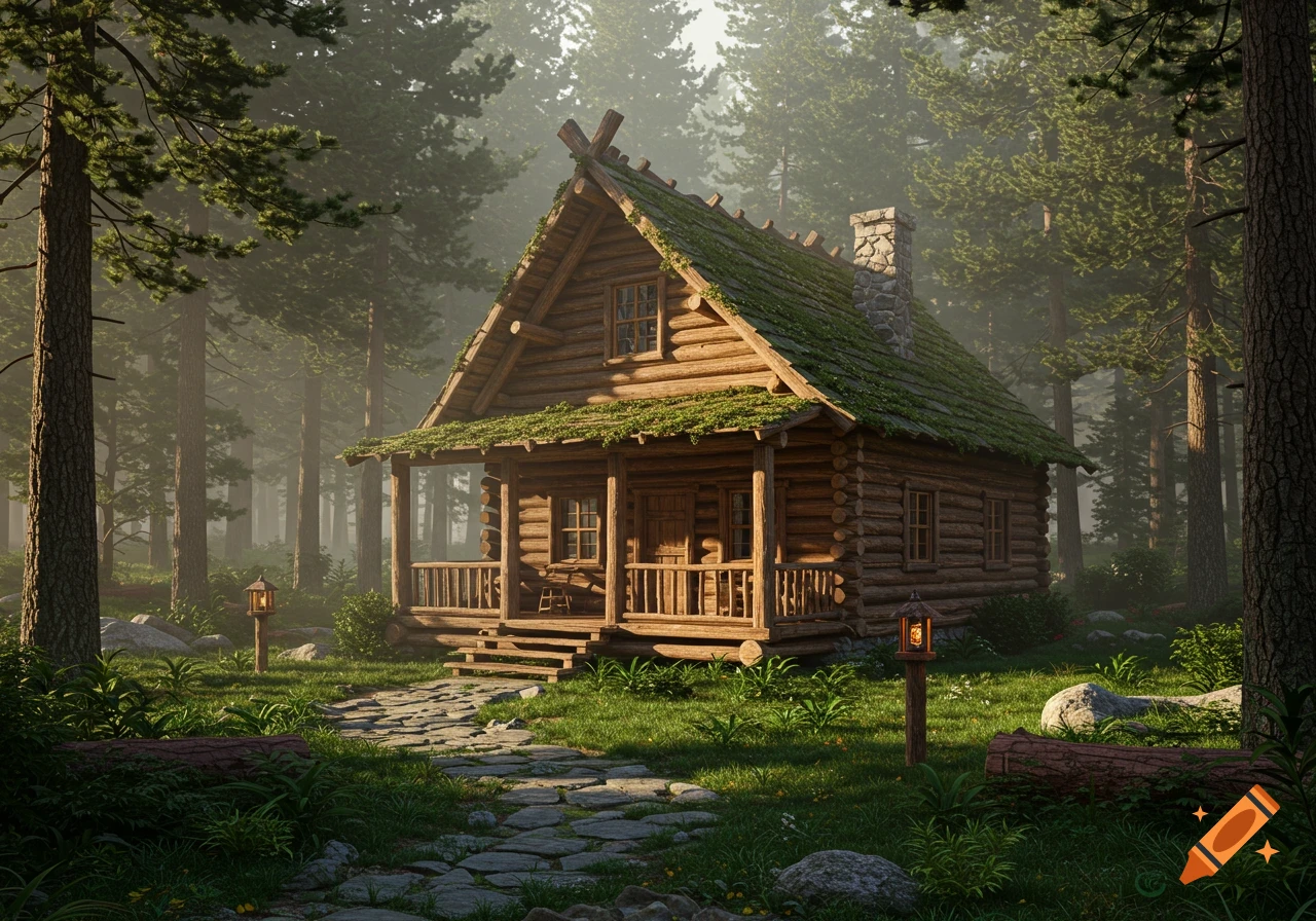 A rustic log cabin with a mossy roof and stone chimney in a misty pine forest, with a stone path leading to its porch.