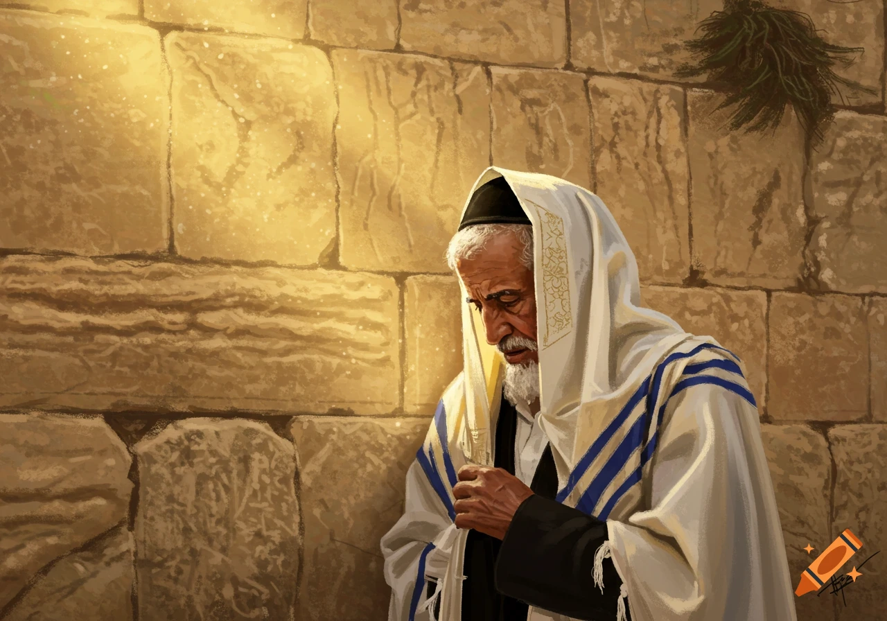 An elderly Yemenite Jewish man, wearing a tallit and kippah, praying with eyes closed at a sunlit stone wall, painterly style.