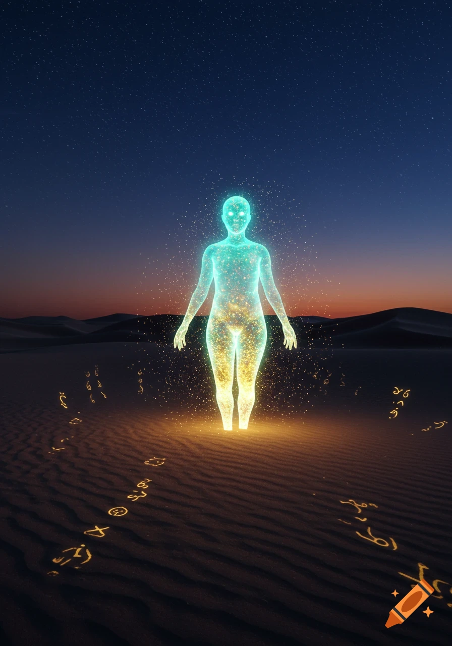 Ethereal, glowing humanoid figure stands in a vast desert under a starry night sky, surrounded by shimmering symbols on the sand.