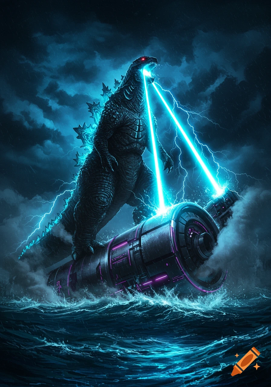 Godzilla stands on a large futuristic cylinder in a stormy ocean, shooting two bright blue laser beams from its mouth, surrounded by lightning.