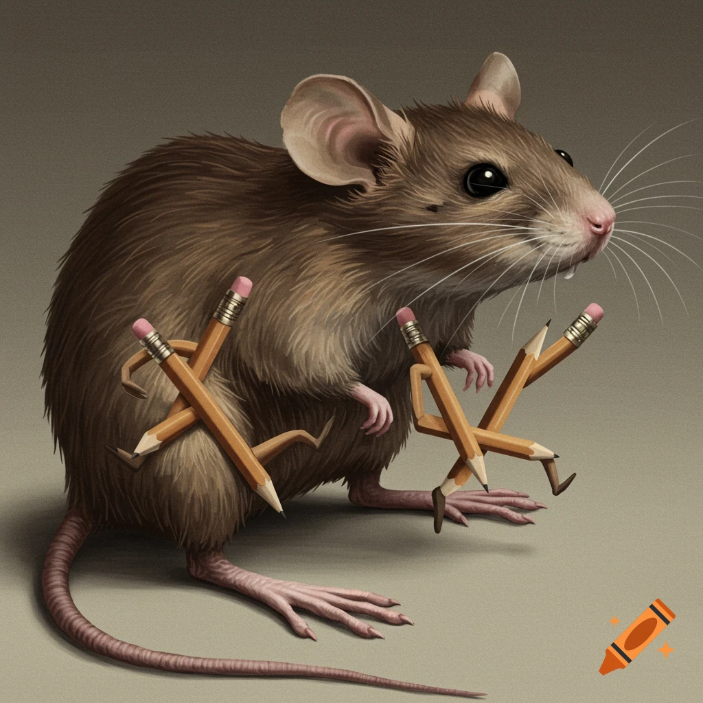 A detailed illustration of a brown mouse with several wooden pencils serving as its legs and arms.