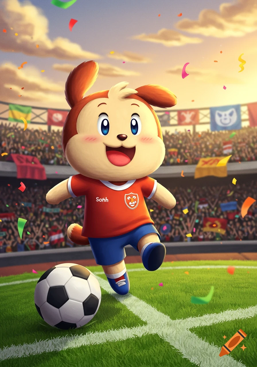 A cute cartoon dog in a red soccer jersey kicks a soccer ball on a green field in a stadium filled with cheering fans, under a bright sky with falling confetti.