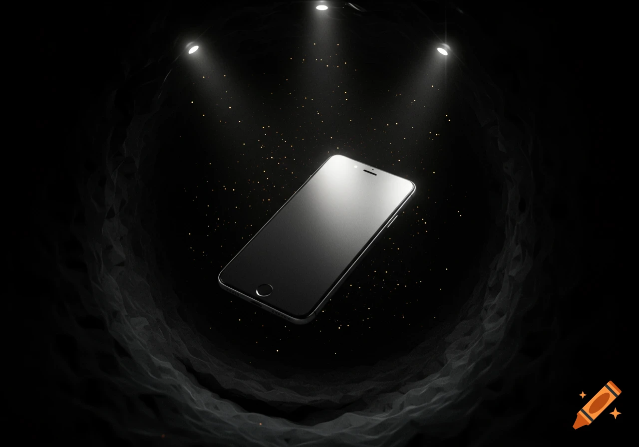A sleek smartphone illuminated by spotlights against a dark, smoky background with golden specks.