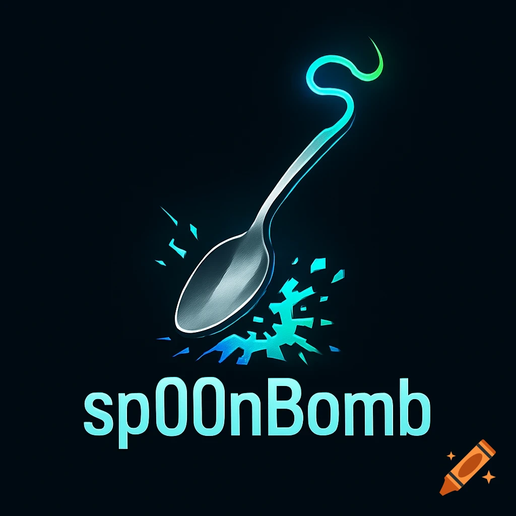 A sleek digital logo featuring a silver spoon with a glowing S-shaped handle and breaking blue-green shards, above the text 'sp00nBomb'.