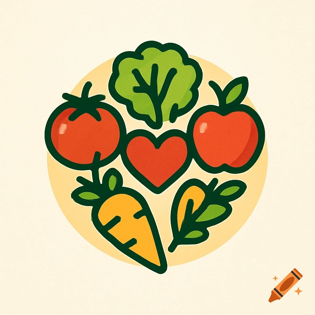 Stylized logo featuring icons of a tomato, lettuce, apple, carrot, and a heart arranged circularly, symbolizing healthy food.