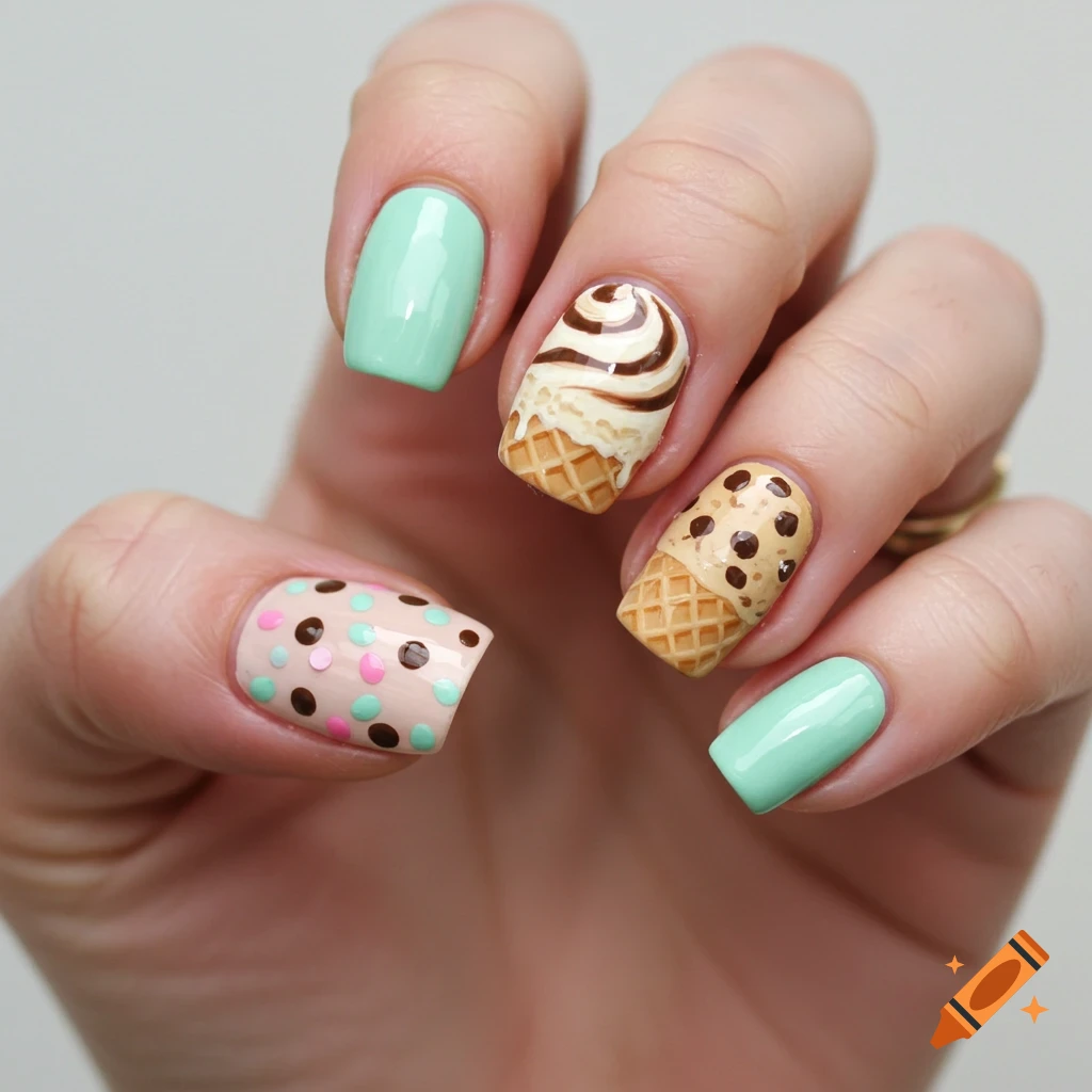 Close-up of a hand with nails decorated in a sweet theme, featuring mint green, polka dots, and ice cream cone designs.