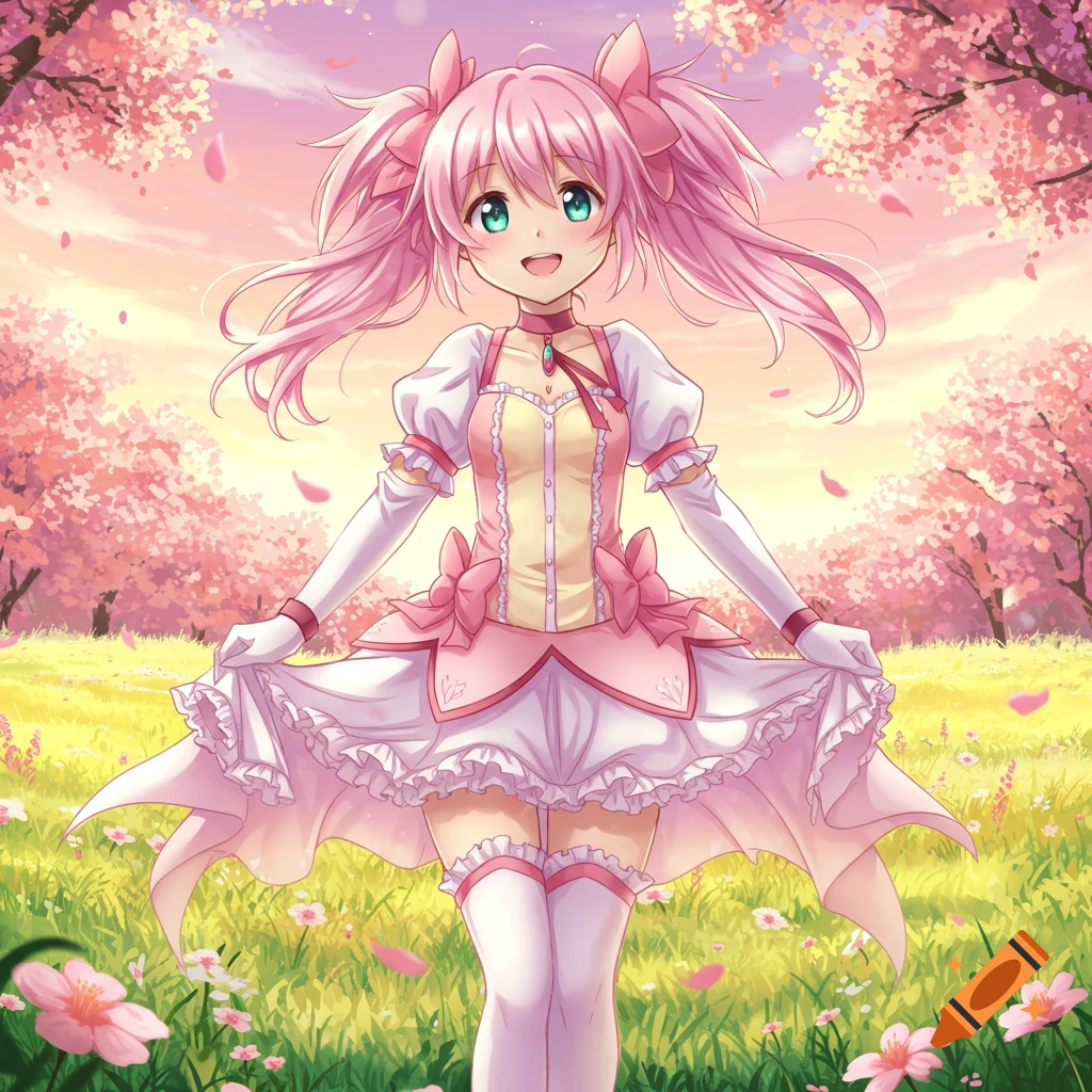 A smiling anime girl with pink pigtails and a white and pink dress stands in a vibrant cherry blossom field.