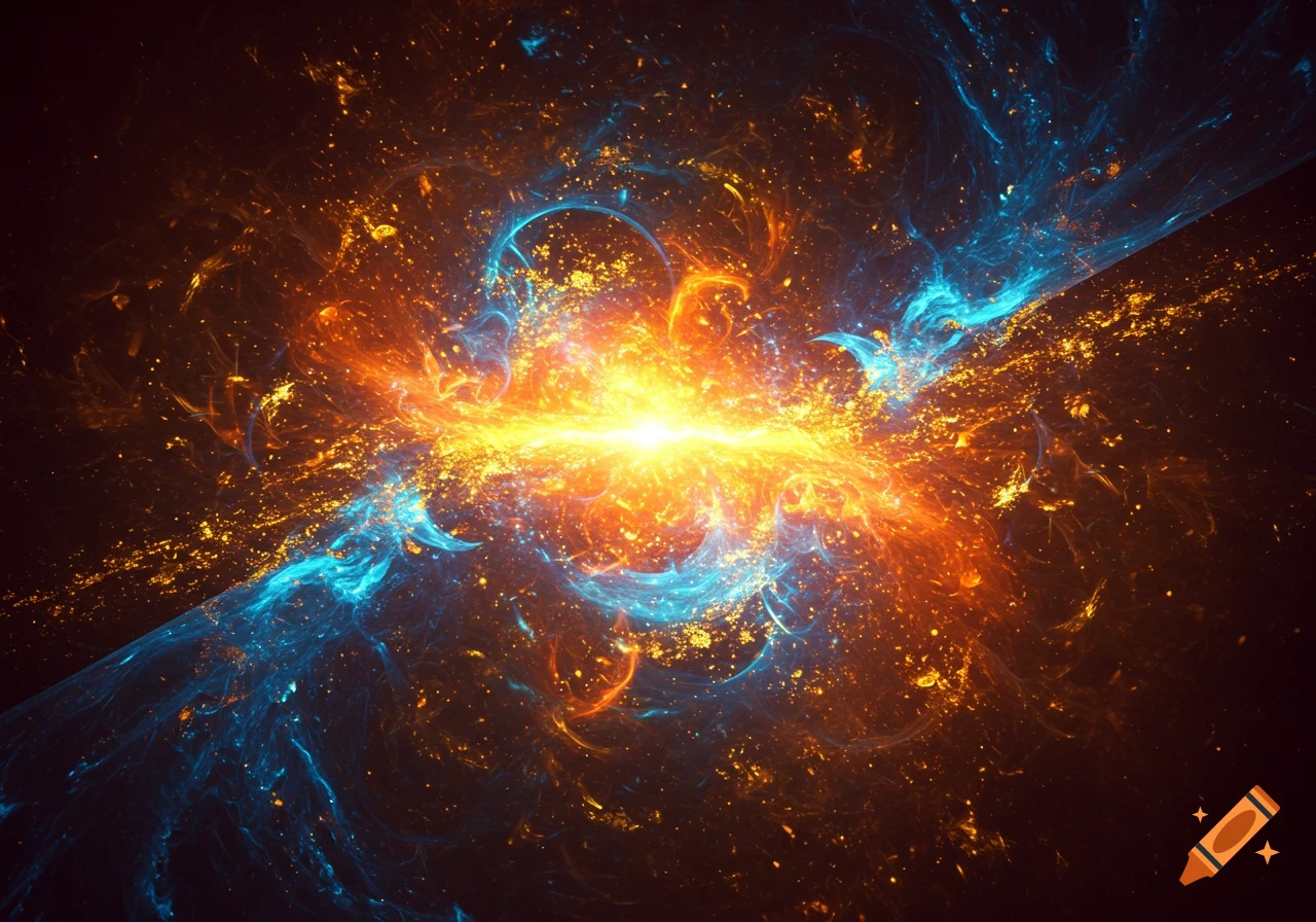 Abstract burst of bright orange and blue light and energy, resembling a cosmic explosion against a dark background.