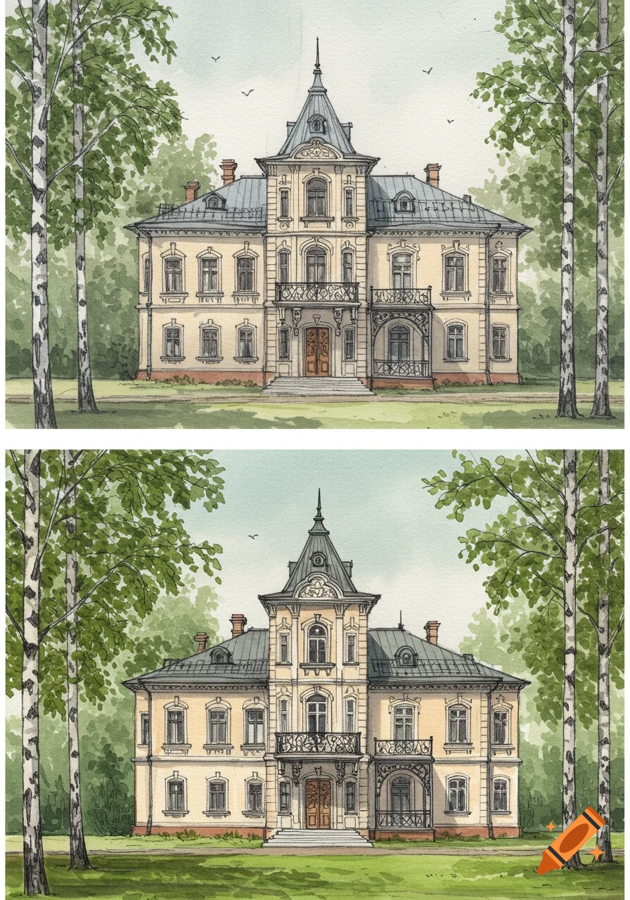 Watercolor illustration of an ornate, historic-style yellow house with a grey spired roof, surrounded by green trees.
